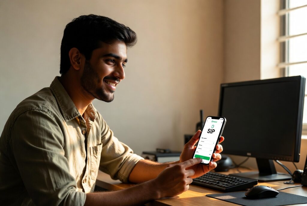 2026 में नौसिखियों के लिए बेस्ट SIP शुरू करना – युवा भारतीय निवेशक मोबाइल पर SIP सेटअप करता हुआ